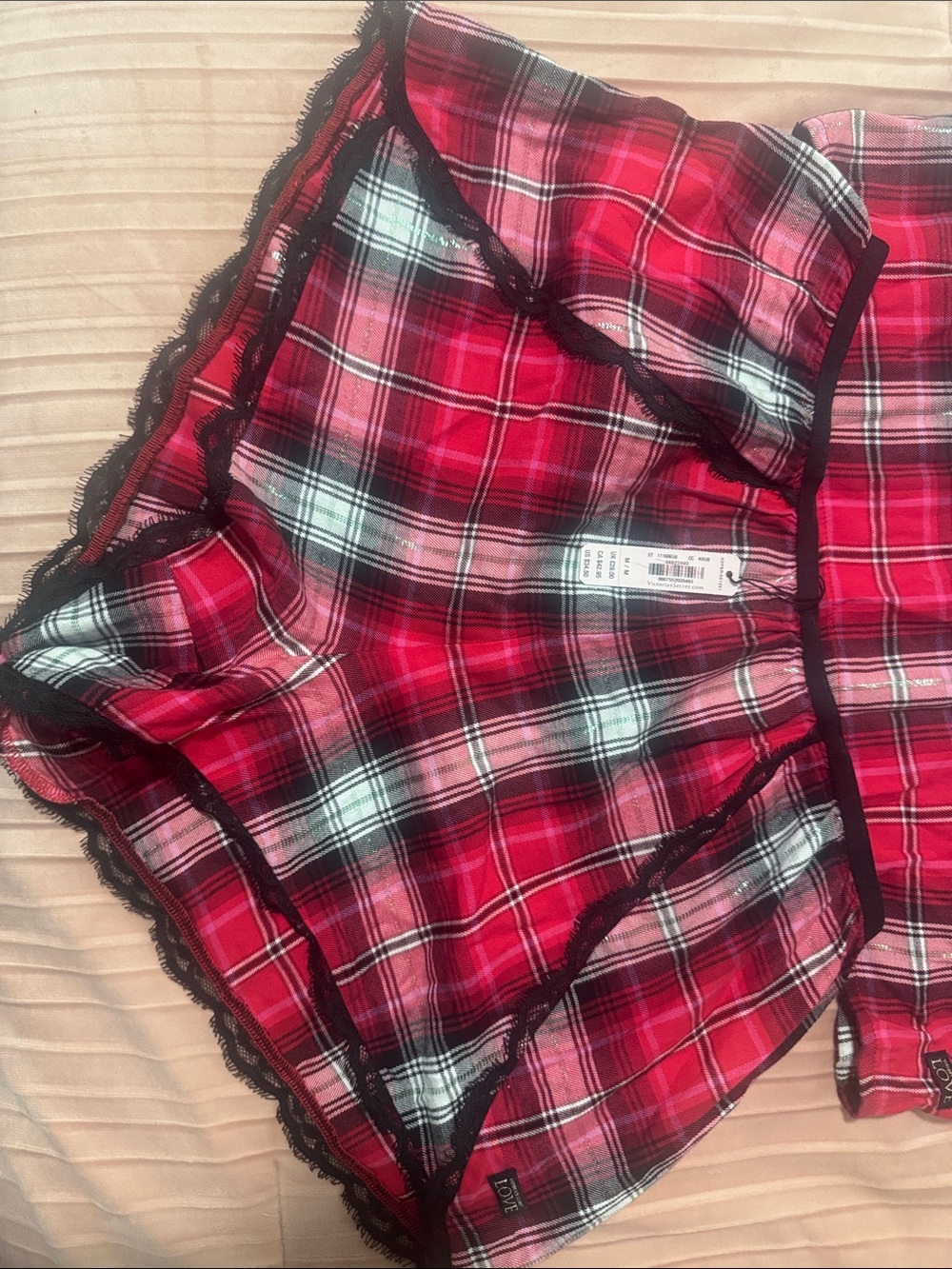 Victoria Secret LOVE Red Plaid Lace Trim Cami (S) & Short (M) Sleep Set - Picture 2 of 6